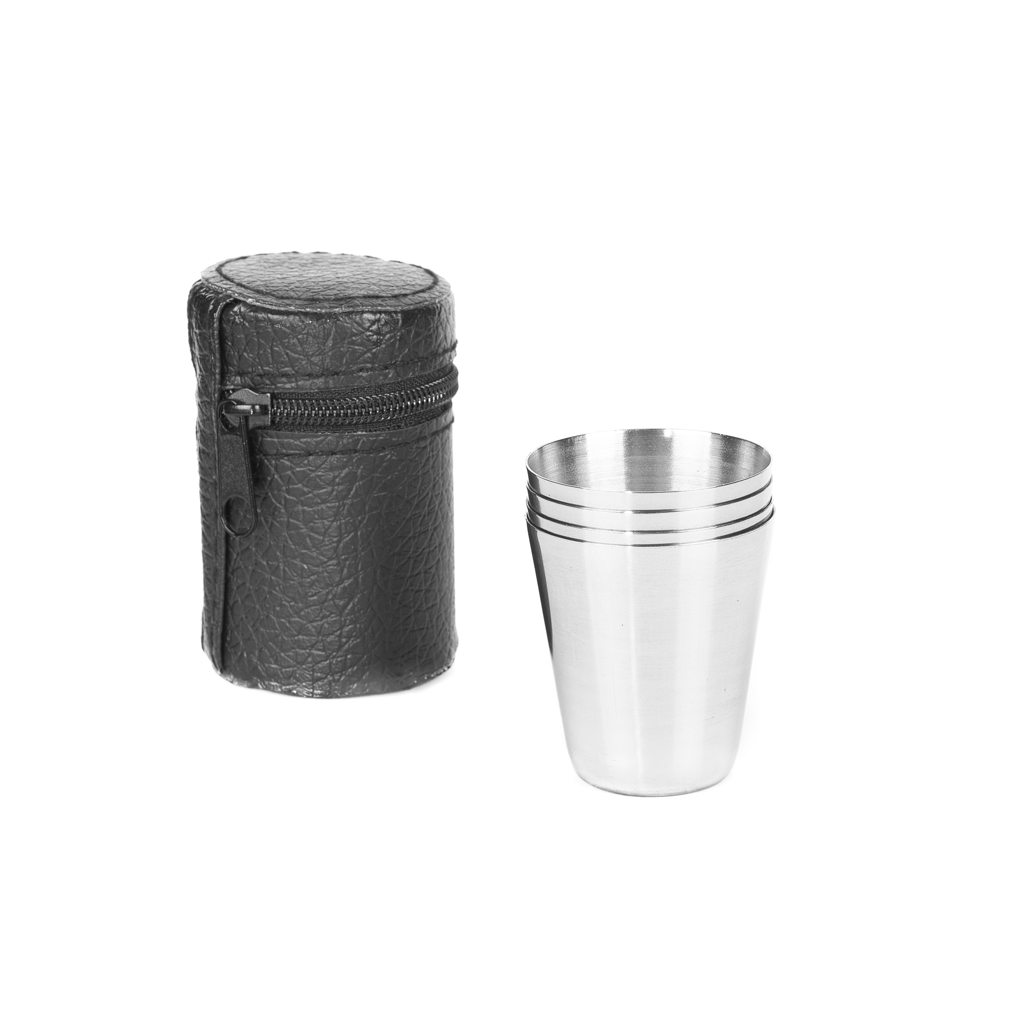 Stainless steel drinking cup in black case 4 pcs 30 ml silver